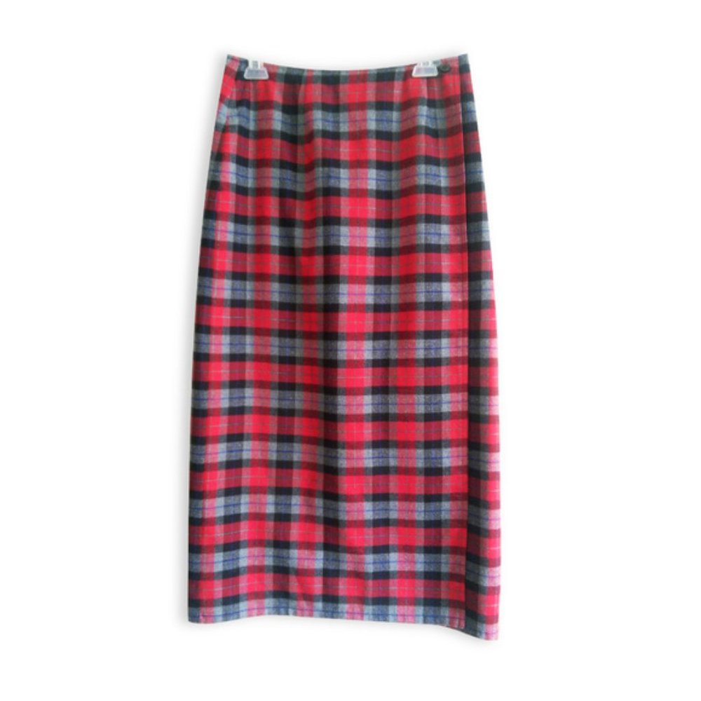 Vintage Tartan Red Plaid Faux Wrap Skirt